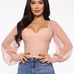 Cute beige polka dot sheer sleeve blouse